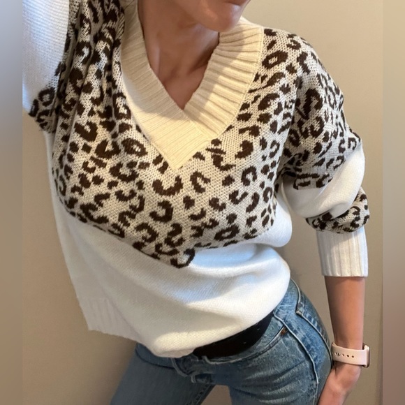 Leopard colour block V neck pullover sweater - Picture 10 of 10